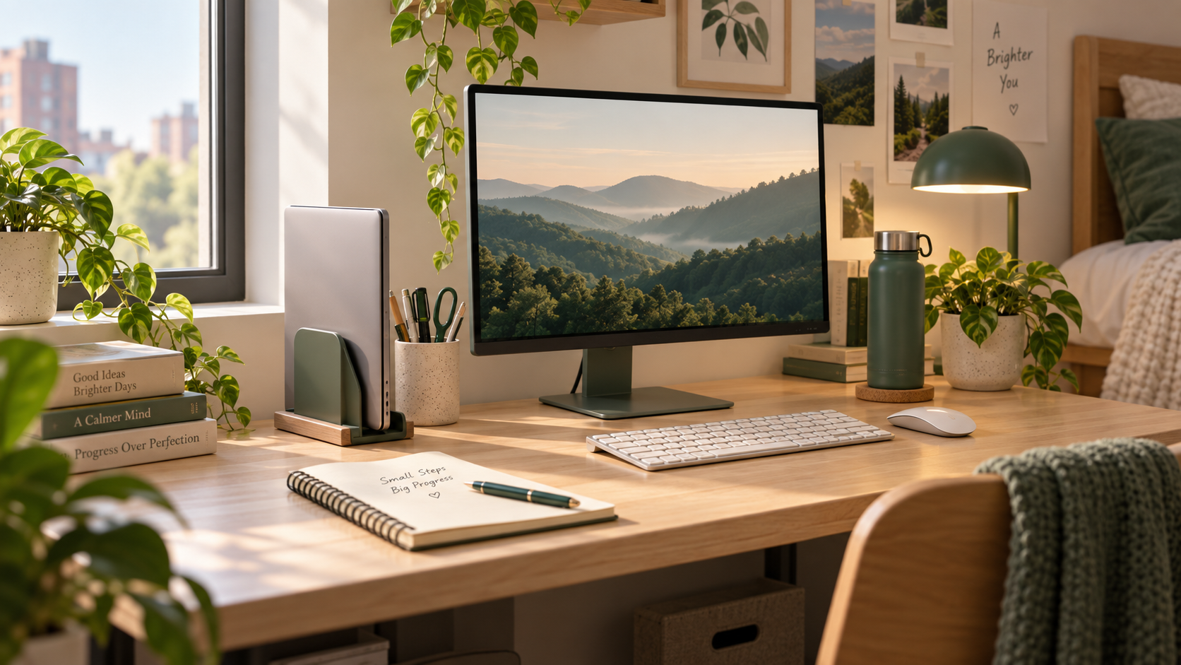 Student desk with a closed laptop in a vertical stand beside an external monitor