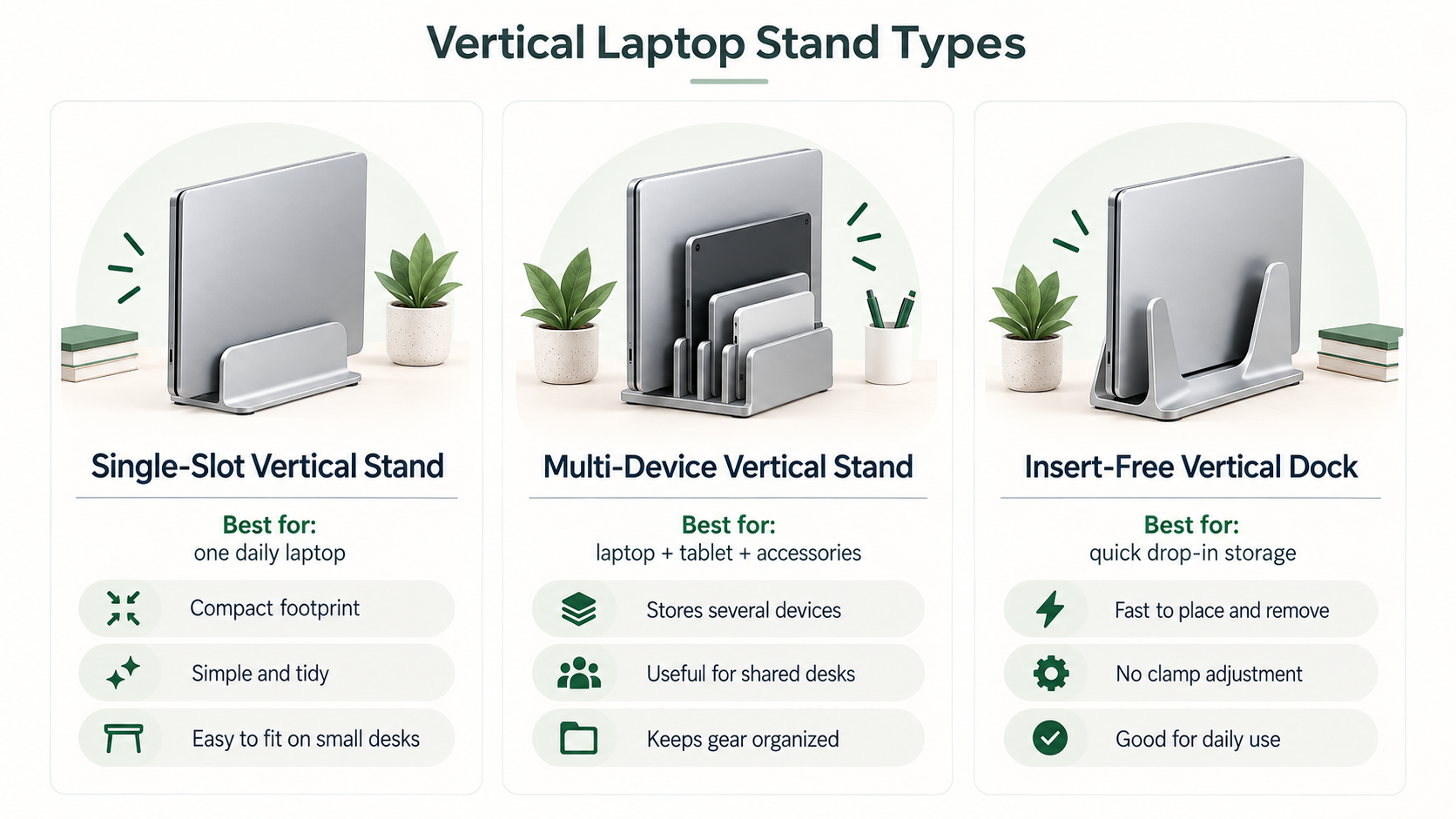 Comparison of single-slot, multi-device, and insert-free vertical laptop stand types
