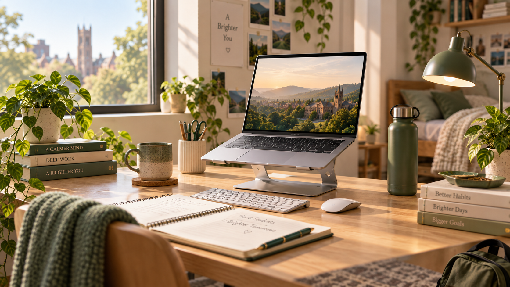 Illustrated sunlit student desk with an elevated laptop, external keyboard, and study materials
